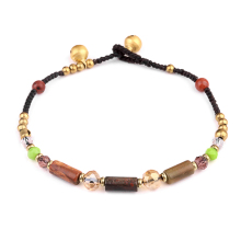 Natural Picasso Stone Tube Beads Handmade Woven Golden Bell Bracelets for Women Girls