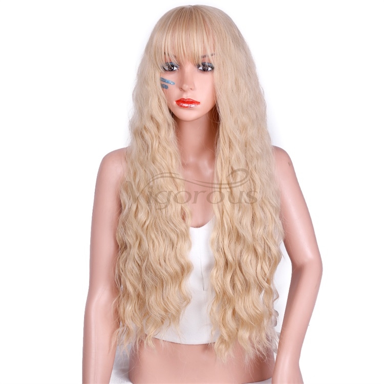 Vigorous 26 Inch Blonde 30-613 Color Long Wavy Wig with Bangs Glueless Synthetic Party Halloween Wigs