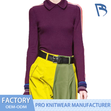 Elegant Purple Red Knitted Top with Doll Collar