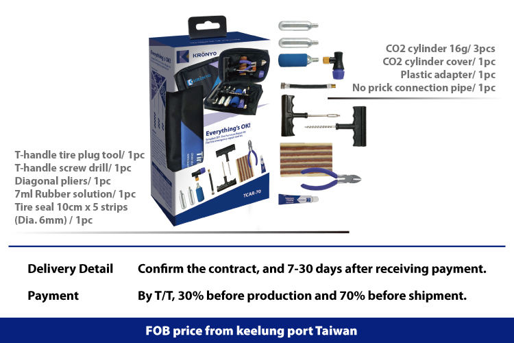 Bildäckreparationssats med mini CO2 -cylinder och diagonal tång