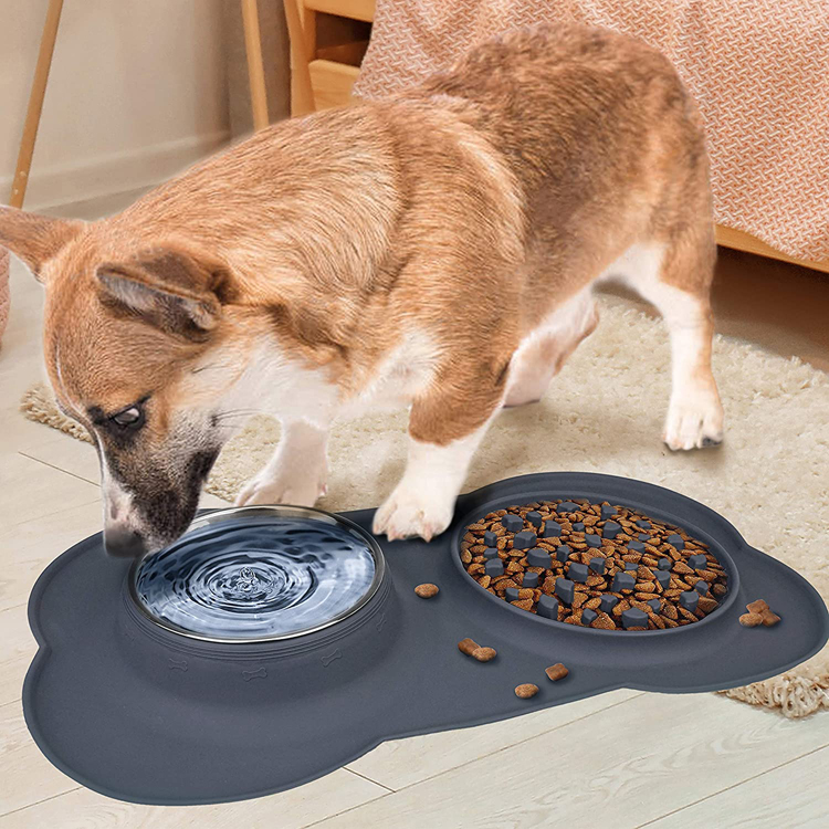 Double Dog Bowls, Pet Stainless Steel Water Bowl,3 in 1 Dog Slow Feeder with Non-Spill Silicone Tray Bone Shape Non-Slip Mat