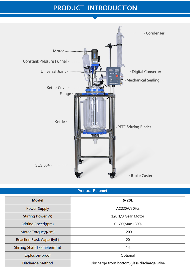  Teflon lab jacketed glass reactor machine 20L