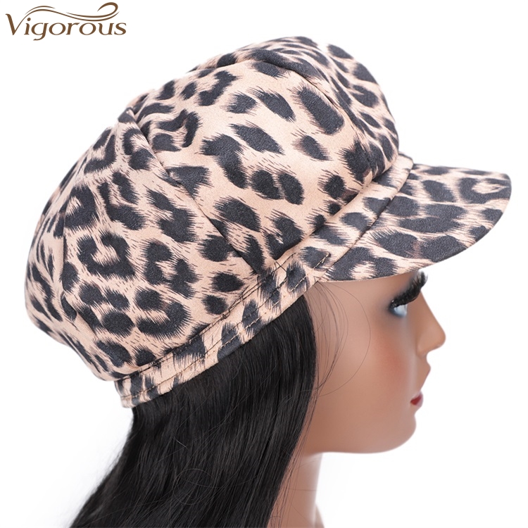 Vigorous Black Synthetic Fiber Wig With White Leopard Hat For Women Long Wavy Heat Resistant Glueless Hair Wigs