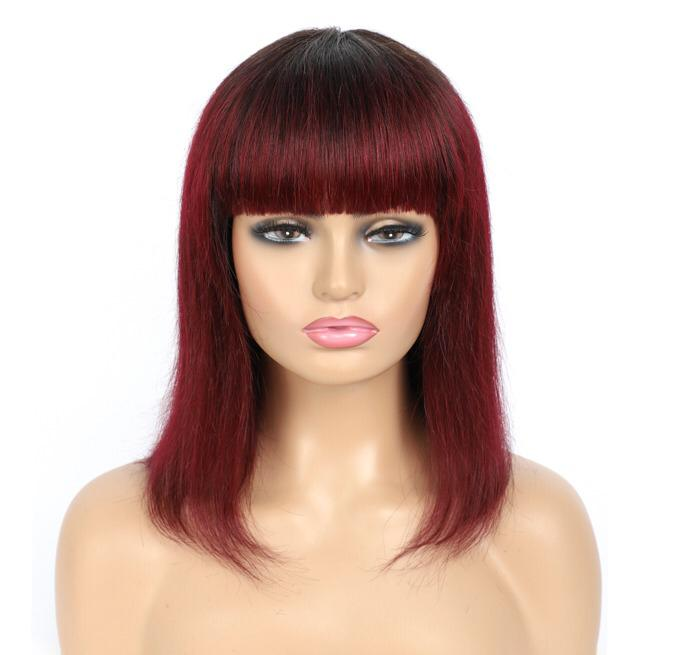 Machine Made Cheap Brazilian Human Hair Bob With Bang Wig,Wholesale Bob Wig For African American,Human Hair Short Wig With Bangs