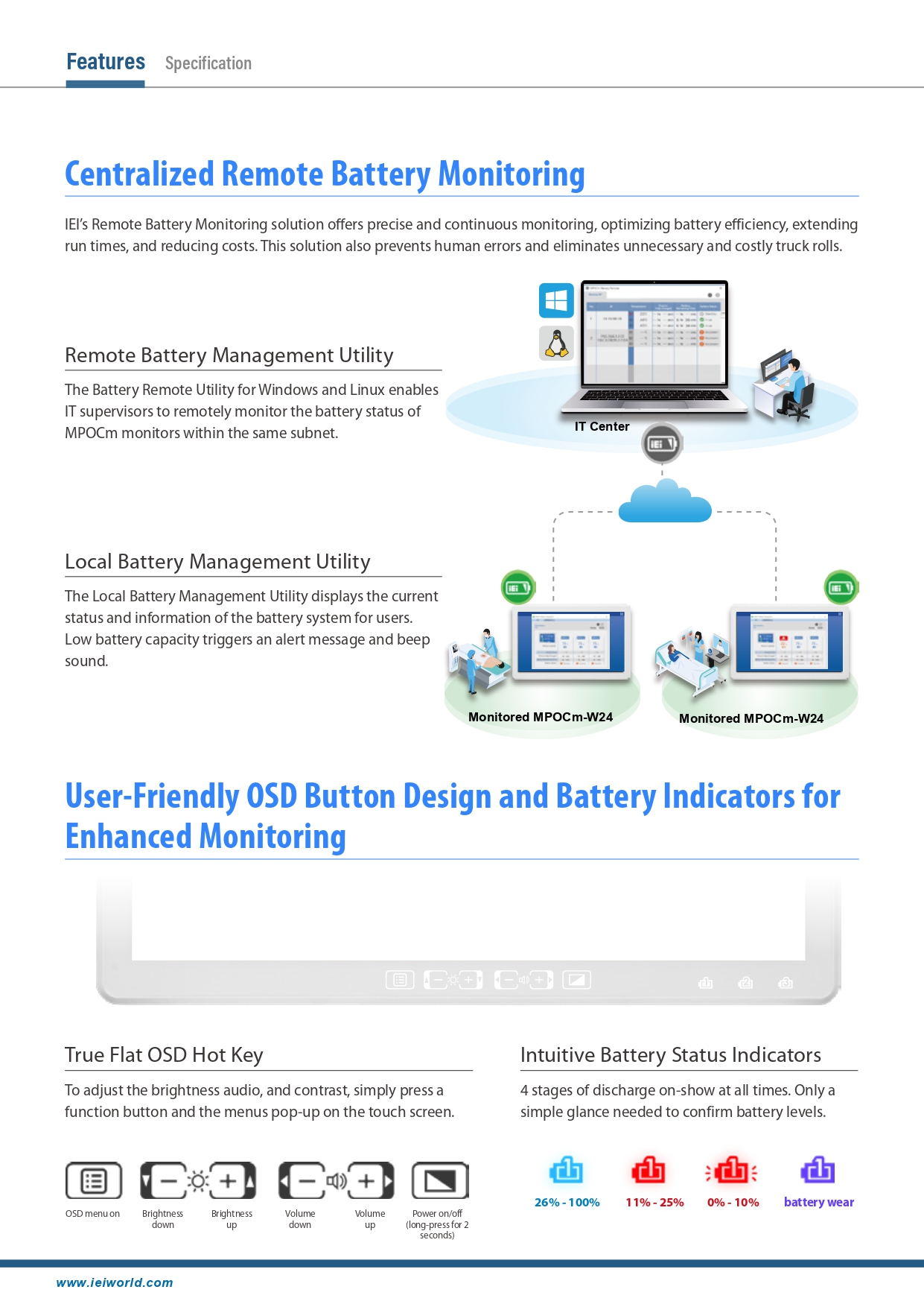 IEI MPOCm-W24 23.8 inch FHD Medical Monitor  IP65 front bezel 10-point PCAP touchscreen  Hot-swappable batteries