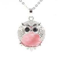 Cherry Quartz 24mm Beads Silver Owl Pendant Necklace Choker Jewelry