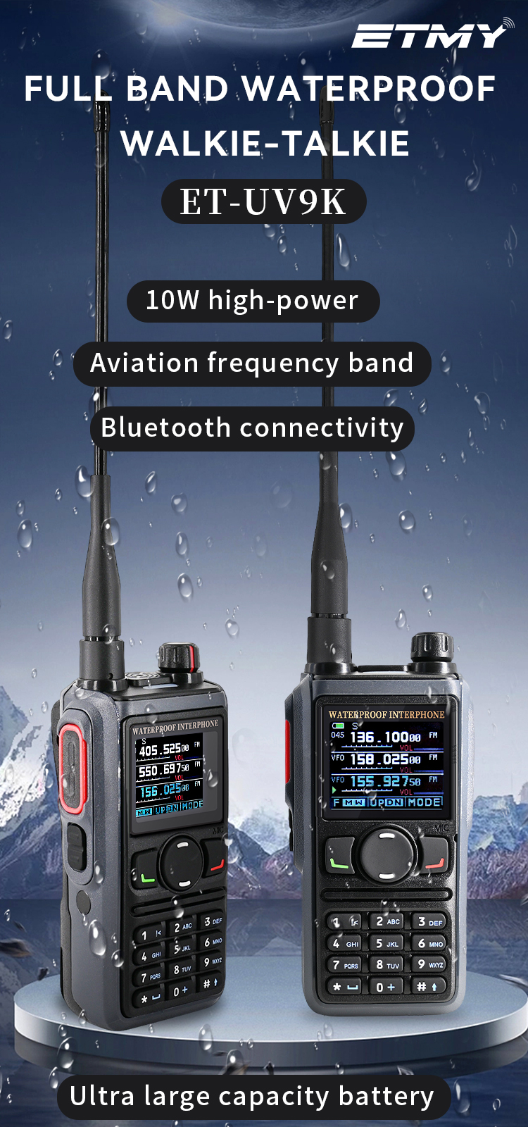 ETMY ET-UV9K IP68 Waterproof Ham Walkie Talkie Multi-Frequency 245MHz Rugged VHF UHF GPS Two Way Radio with Bluetooth Earpiece