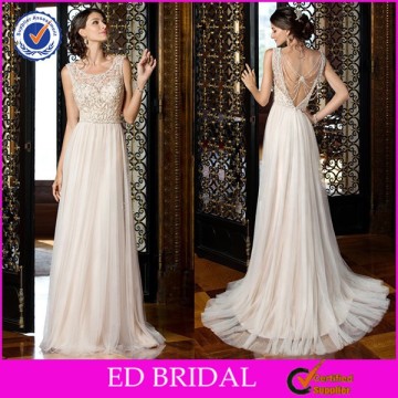 2015 Newest Jewel Neck Embroidery Lace Backless Bohemian Style Wedding Dress