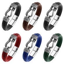 Black Leather Woven Horseshoe Clasp Steel Stainless Magnetic Clasp Rope Bracelet Leather Woven Bangle for Men