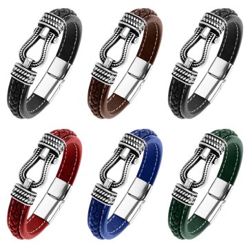 Black Leather Woven Horseshoe Clasp Steel Stainless Magnetic Clasp Rope Bracelet Leather Woven Bangle for Men
