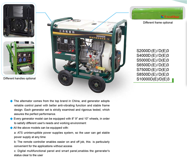 Jiangsu Excalibur S2000D(E) Single Phase Diesel Generator Small Size Generador Diesel