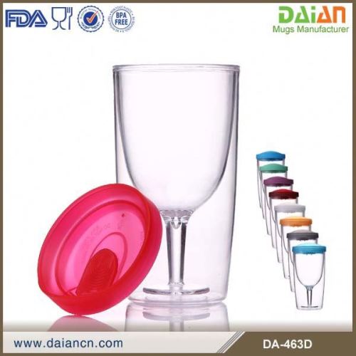 2014 new design double layer plastic wine glass mug with stem