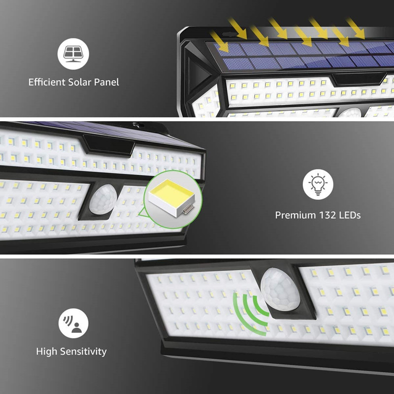 Factory OEM 132Led Super Bright  Wide Angle Waterproof Wall Security Motion Sensor Solar Light For Garden Yard Pathway