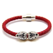 Mens Double Lion Head Magnetic Clasp Leather Bracelet