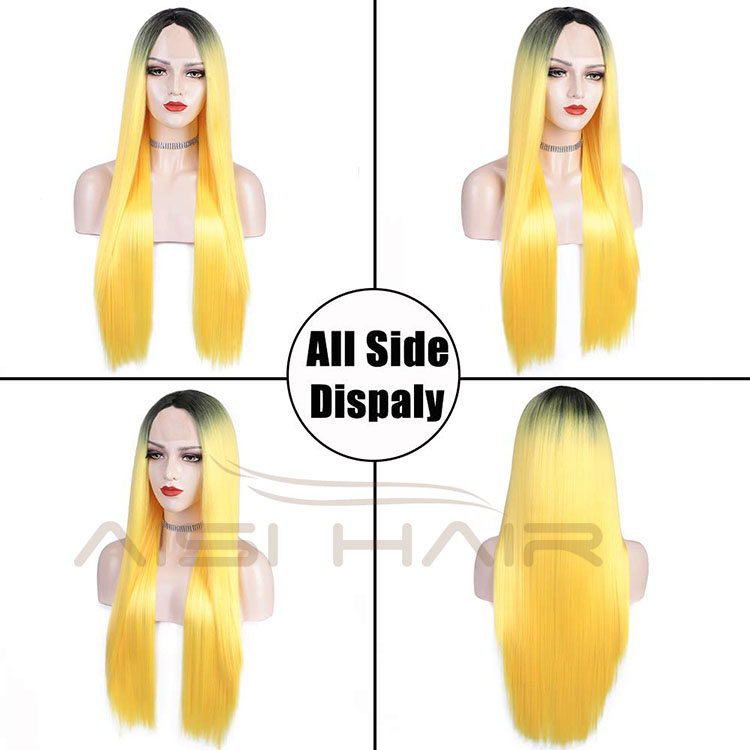 Aisi Hair Hotselling Wholesale Vendor 28 Inch Long Silky Straight Ombre Yellow Wig For Black Women Synthetic Hair Wigs