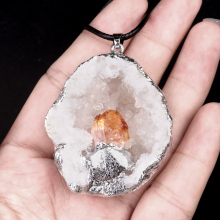 Citrine Bud Silver Druzy Crystal Cave Pendant Necklace 45CM Black Cord