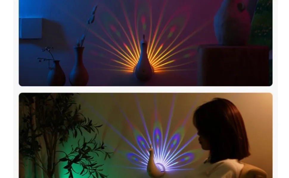 Peacock USB Desk Light: Remote Control Christmas Rainbow Projection Night Lamp