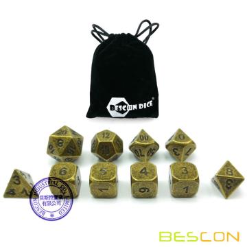 Bescon 10pcs Set Ancient Brass Solid Metal Polyhedral Dice Set, Old Finish Bronze Metal RPG Role Playing Game Dice 7+3 Extra D6s