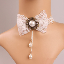 Fashion White Lace Necklace Bowknot Pearl Lace Bib Necklace