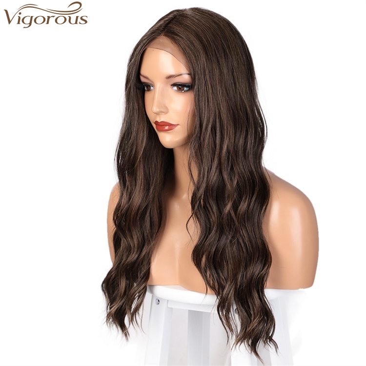 Vigorous Top Quality Lace Front Middle Part Brown Wigs Long Body Wavy Synthetic Wigs Heat Resistant Fiber Wholesale