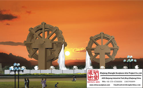Escultura de fonte grande roda d'água