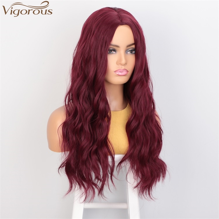 Vigorous High Temperature Long Wavy Wig Middle Part Synthetic Red Wigs For Black Women Cosplay Party Wigs Wholesale Price