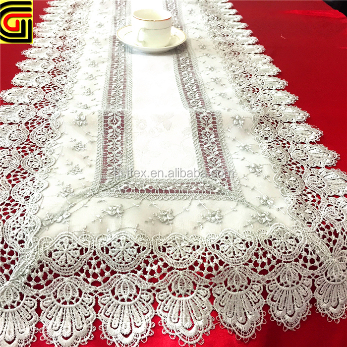 Grey double layer fabric lace embroidery table runner for wedding