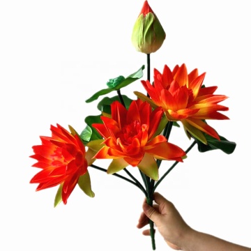 Artificial Lotus Flower Bouquet - Faux Silk Water Lily Bush with Green Leaves and Frog