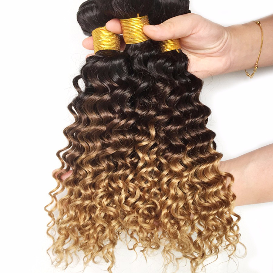 wholesale virgin hair vendors ombre color  Brazilian hair extension 1B/4/27 deep wave hair