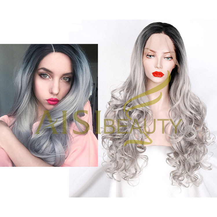 Aisi Beauty Wholesale Vendor Ombre Gray Big Curly Wave Wig Long Wavy Swiss Lace Synthetic Hair For Black Women Lace Front Wig