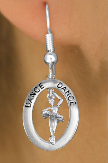 Antiqued Silver Tone "DANCE" Open Oval Posed Ballerina Charm Earring