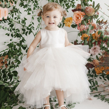 White Ruffled Flower Girl Tulle High Low Dress Sleeveless Simple Kids Dress