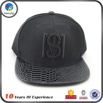 black faux flat leather brim snapback cap