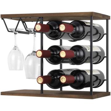 Rack de vino de madera 6 botellas de vino y 4 vidrio