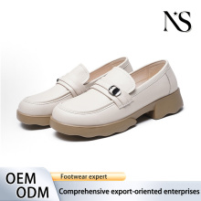 Cream Leather Buckle Chunky Sole Women`s Loafers