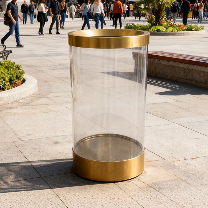 Bespoke Round Metal Waste Receptacle Featuring Clear Acrylic Liner
