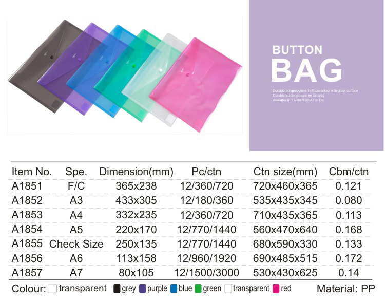 Comix All Size F/C A3 A4 A5 A6 A7 Check Size Transparent Many Colors PP Button Bag/Envelop Button File Folder
