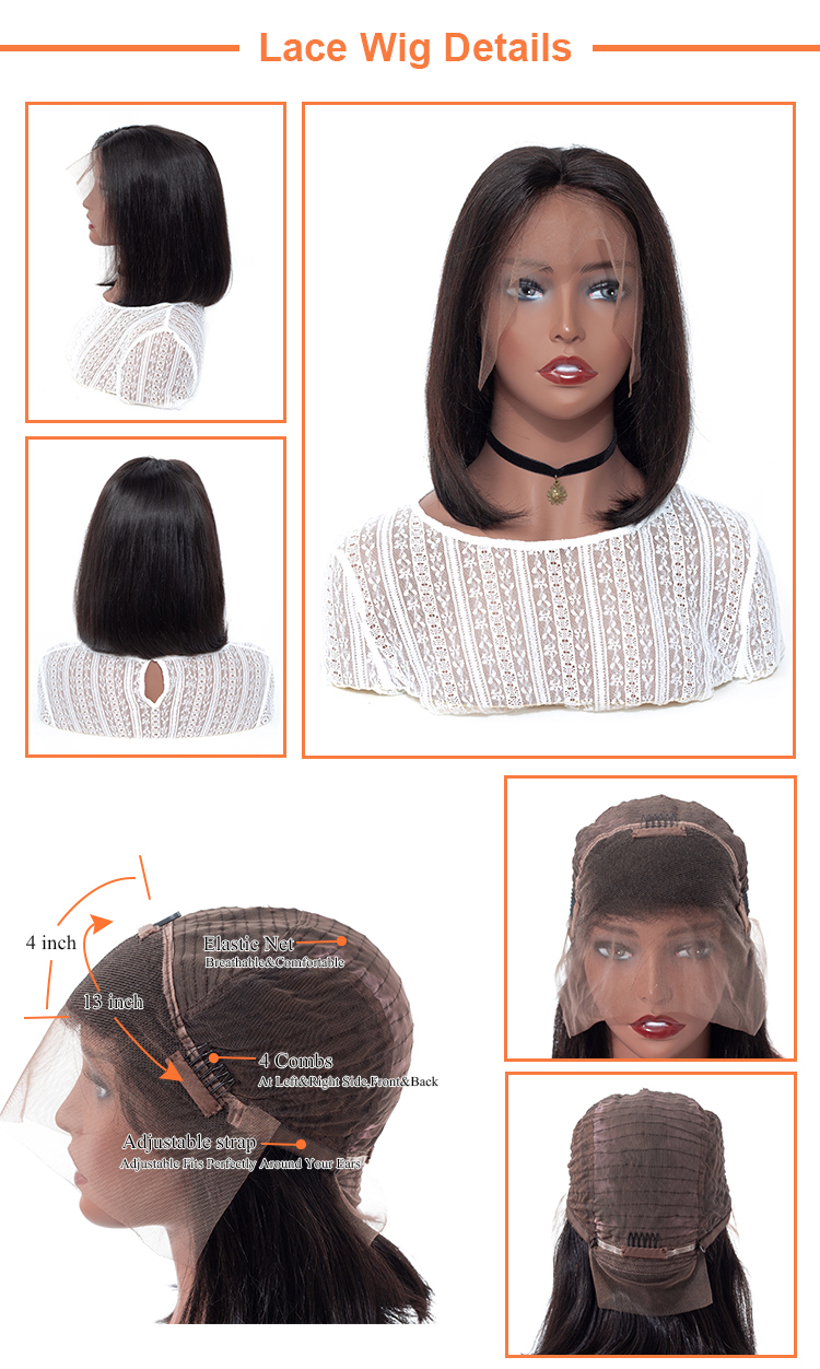 Fashion Design 8 Inch Peruvian Human Hair Lace Front Closure Short Bob Wig Wholesale Straight Human Hair Bob Peruvian Wigs