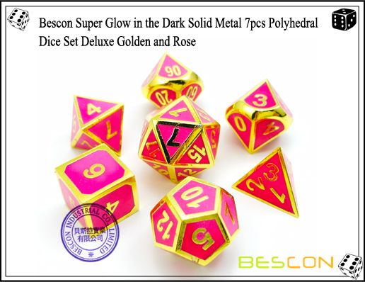 Bescon Super Glow in the Dark Solid Metal 7pcs Polyhedral Dice Set Deluxe Golden and Rose-1