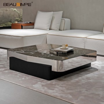 Minimalist Marble Coffee Table with Mirrored Frame
