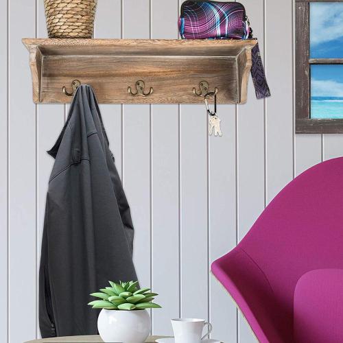 Wood Entryway Wall Floating Shelf With Hooks