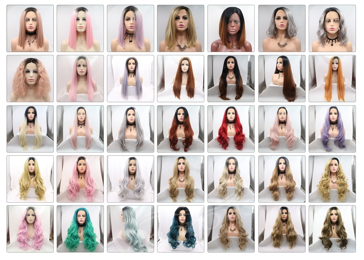 Vigorous ombre gold long premium high quality straight wave wholesale black women synthetic hair wigs with lace front