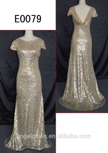 2015 fashion gold sequin fabric short sleeves evening dresses/gowns E0079