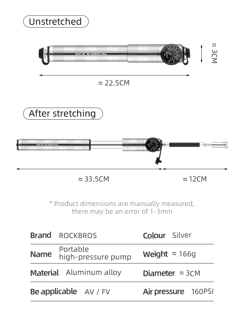 Rockbros Bike Pump High Pressure Aluminium Alloy CNC Dustproof Barometer AV/Fv Ultralight Portable Inflater Bicycle Accessories