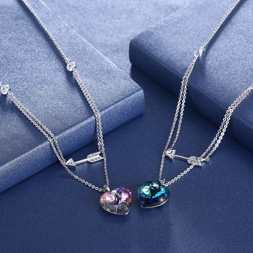 Latest Design New Fashion Necklace Jewelry Statement Gift Elegant Crystal Colorful 925 Sterling Silver Heart Simple Necklace