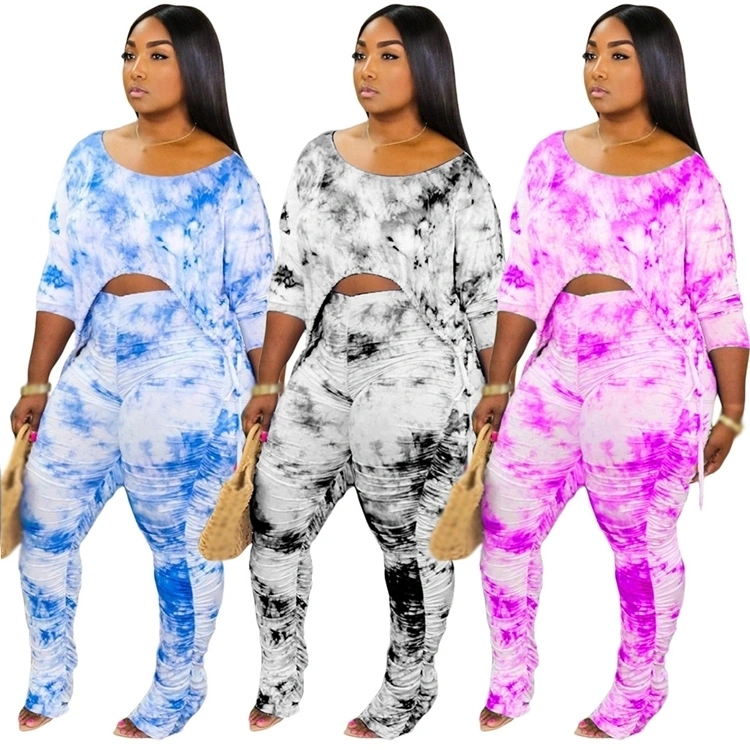 Superstarer New Arrivals Women Fashion Two Piece Set Tie Dye Stacked Pant Body Suits Bulk