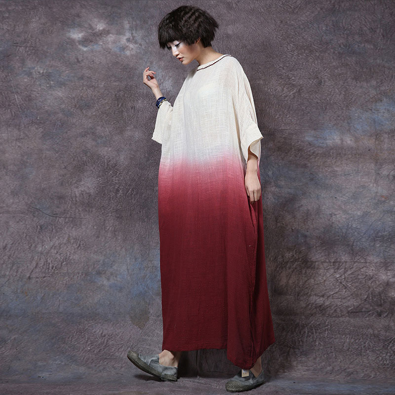 Original Design Vintage Plus Size dip dye Pure Linen Women Dress