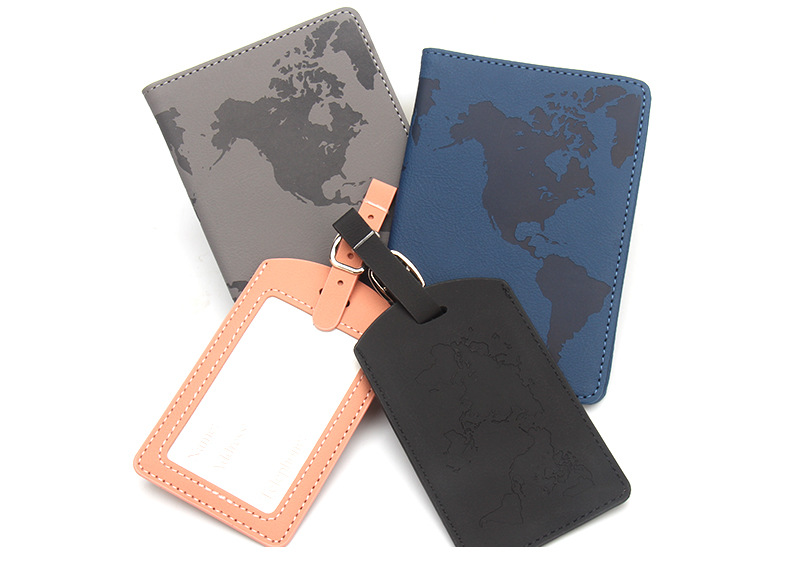 Modern Style Multi-Functional Travel Passport Bag Card Holder World Map RFID Passport Holder Luggage Tag Set Made of PU