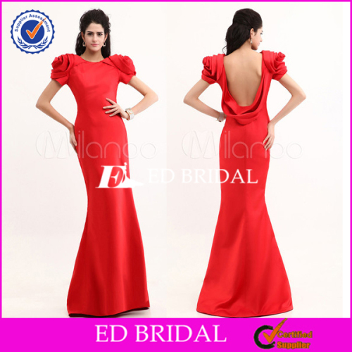 YW265 Sexy Open Back Red High Neck Luxury Satin Mermaid Evening Dresses With Sleeves