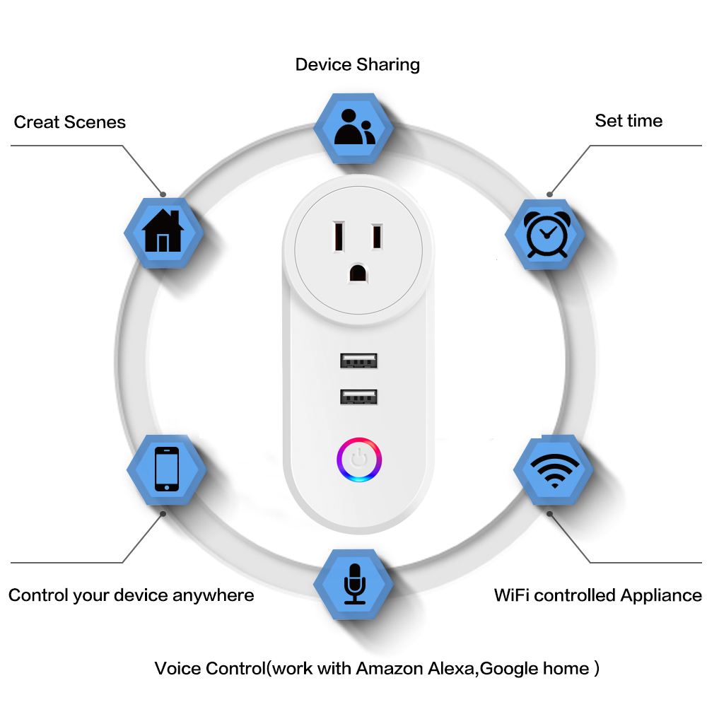 Universal Alexa Wifi Tuya US Smart Life Voice Remote Smart Plugs With USB